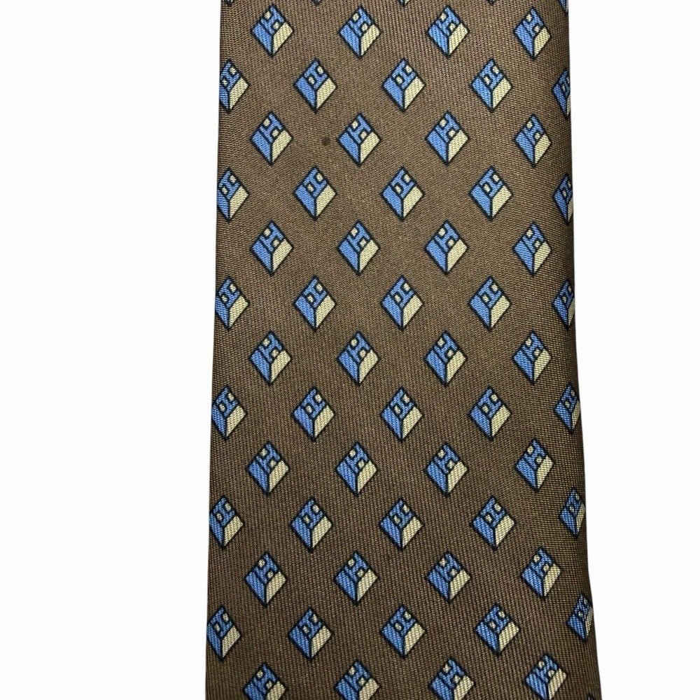 Hermes Men's Vtg Tie Geometric "H" Logo Brown/Blue Silk 914 HA 3.25" x 56.5" euc - Picture 4 of 5